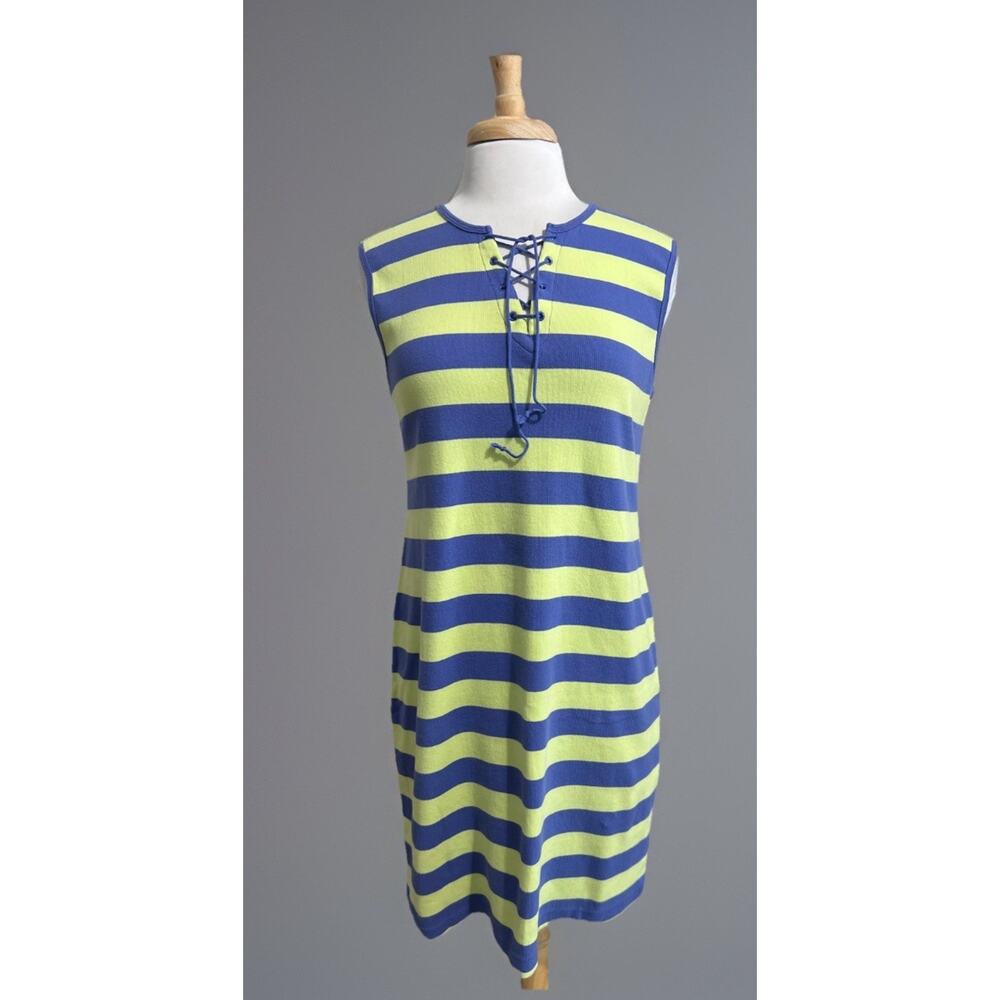 Vintage C&B SPORT Striped Ribbed Tank Dress Large Y2K Retro Chartreuse Purple